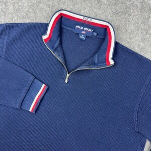 VTG Polo Sport Sweater Mens XL Blue 1/4 Zip Waffle Knit 90s Ralph Lauren